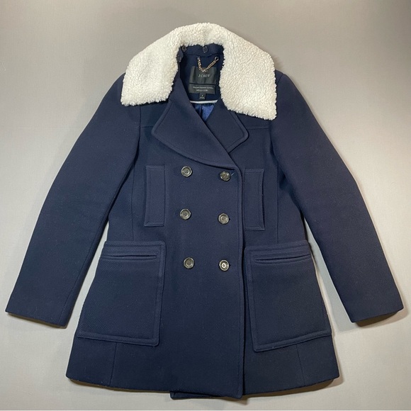 J. Crew Italian Stadium Cloth Faux Fur Collar Pea Coat; Wool Blend - Womens 2 - Picture 3 of 16